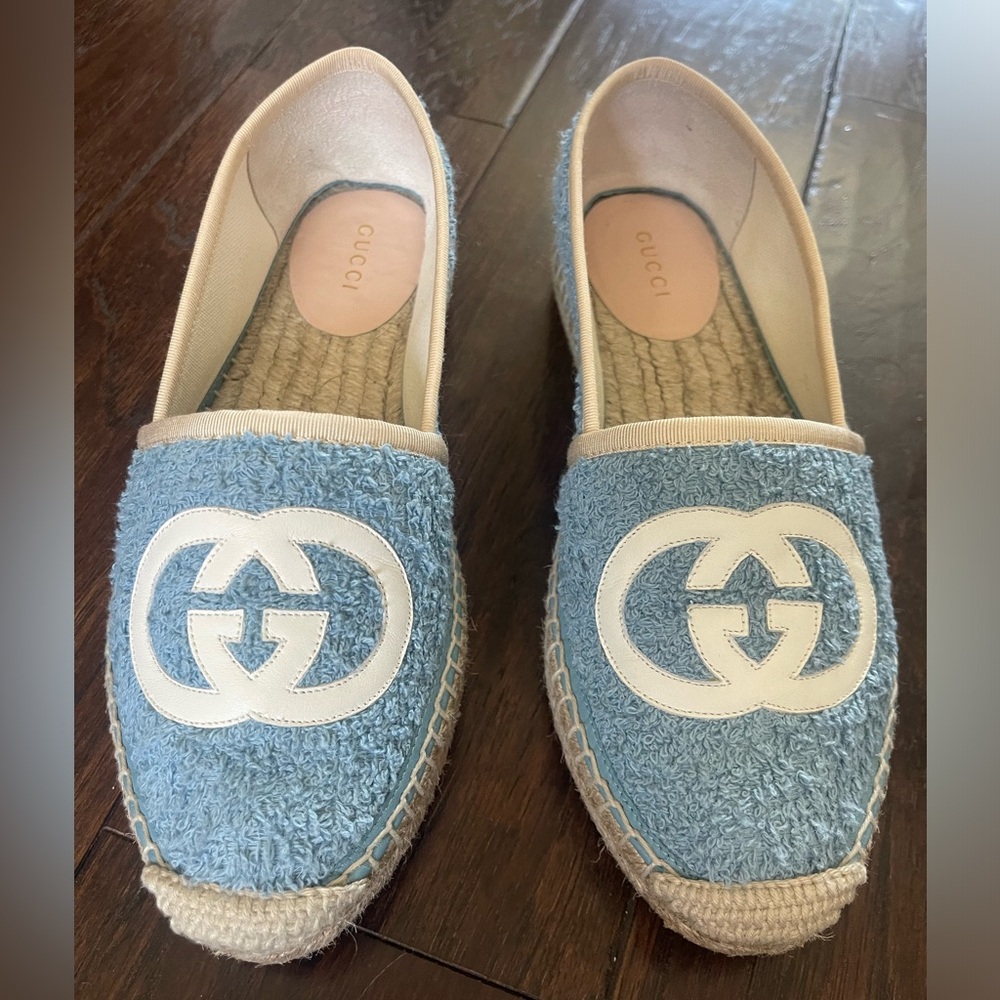 Like New Gucci Pilar Espadrille Flat Blue White Womens Designer Size 36.5